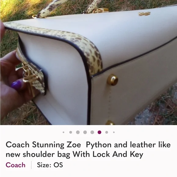 Coach Zoe Carryall Leather with Exotic Snake Skin Details W/ Lock and Key - Picture 9 of 14